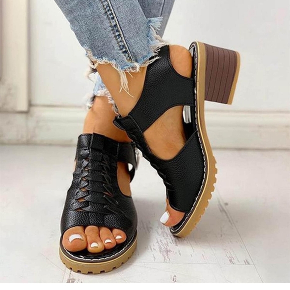 Black Leather Lace-Up Sandals with Perforated Design - Picture 2 of 6